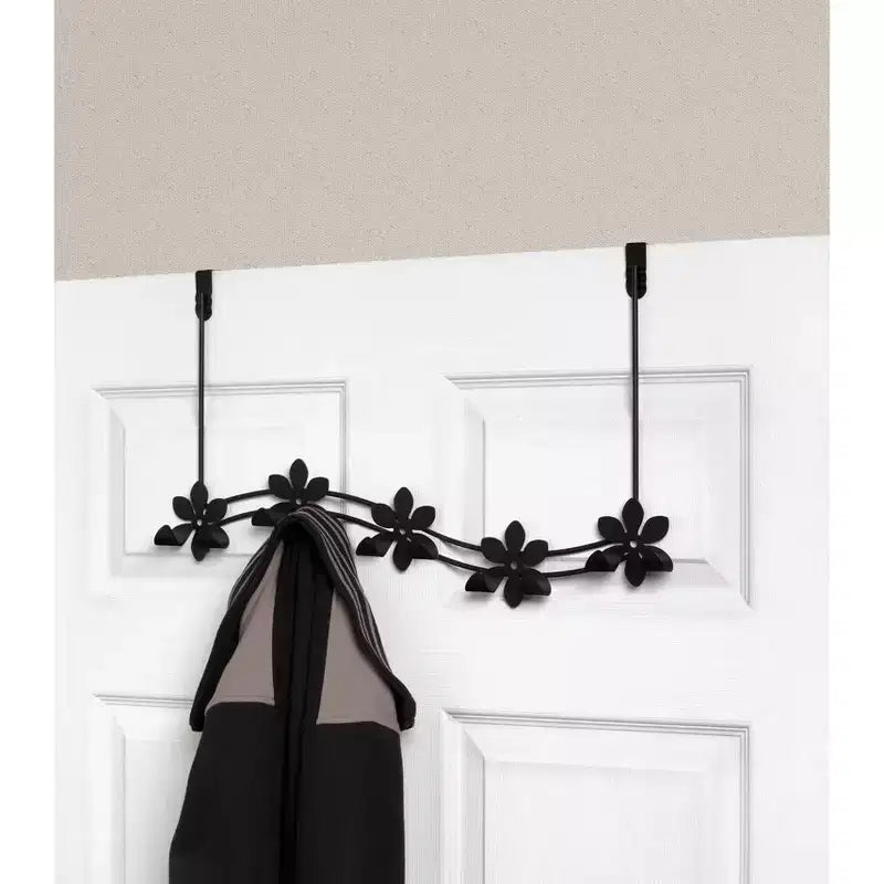 Appendiabiti da porta con 5 ganci, design floreale, organizer multiuso in metallo e legno