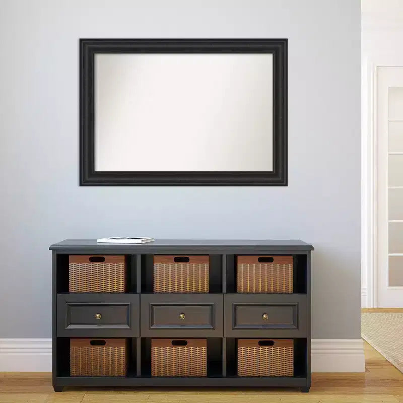 Specchio da parete per bagno 42"x30", cornice nera anticata con dettagli effetto legno grigio