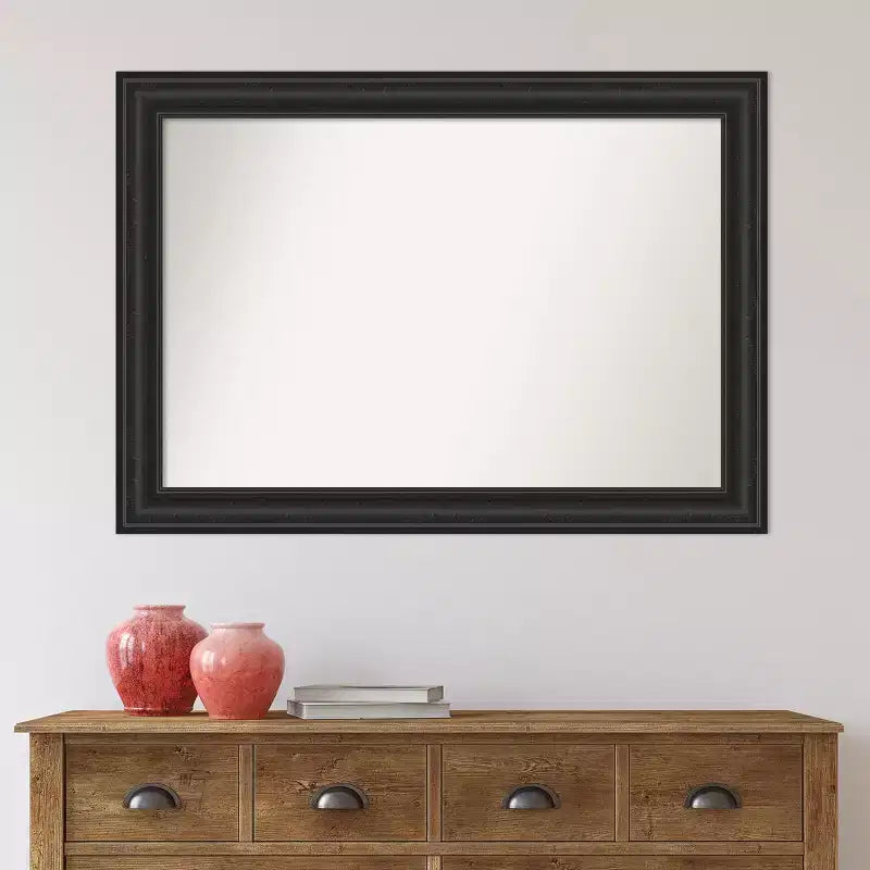 Specchio da parete per bagno 42"x30", cornice nera anticata con dettagli effetto legno grigio