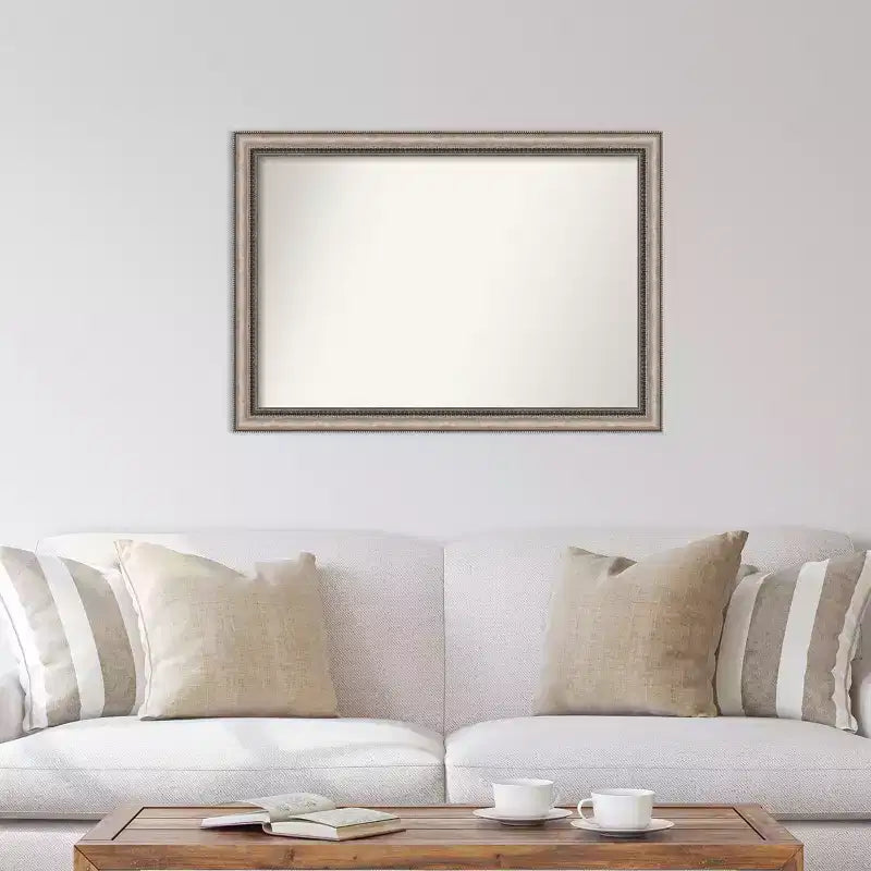 Specchio da parete decorato 40"x28", cornice argentata con bordo perlinato e finitura bronzo