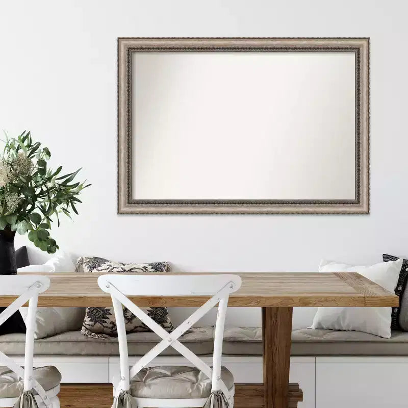Specchio da parete decorato 40"x28", cornice argentata con bordo perlinato e finitura bronzo
