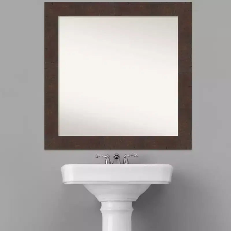 Specchio quadrato da parete per bagno 80x80 cm, cornice in legno noce scuro con venature effetto invecchiato