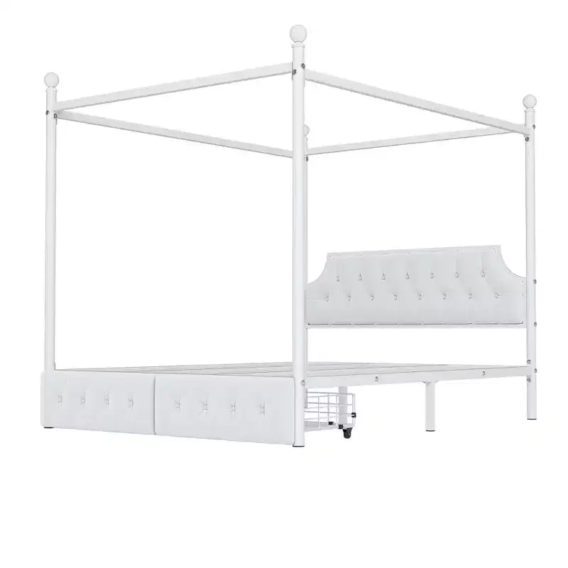 Letto a baldacchino in metallo a 4 montanti, Queen Size, con testiera in velluto e 2 cassetti contenitore, Bianco