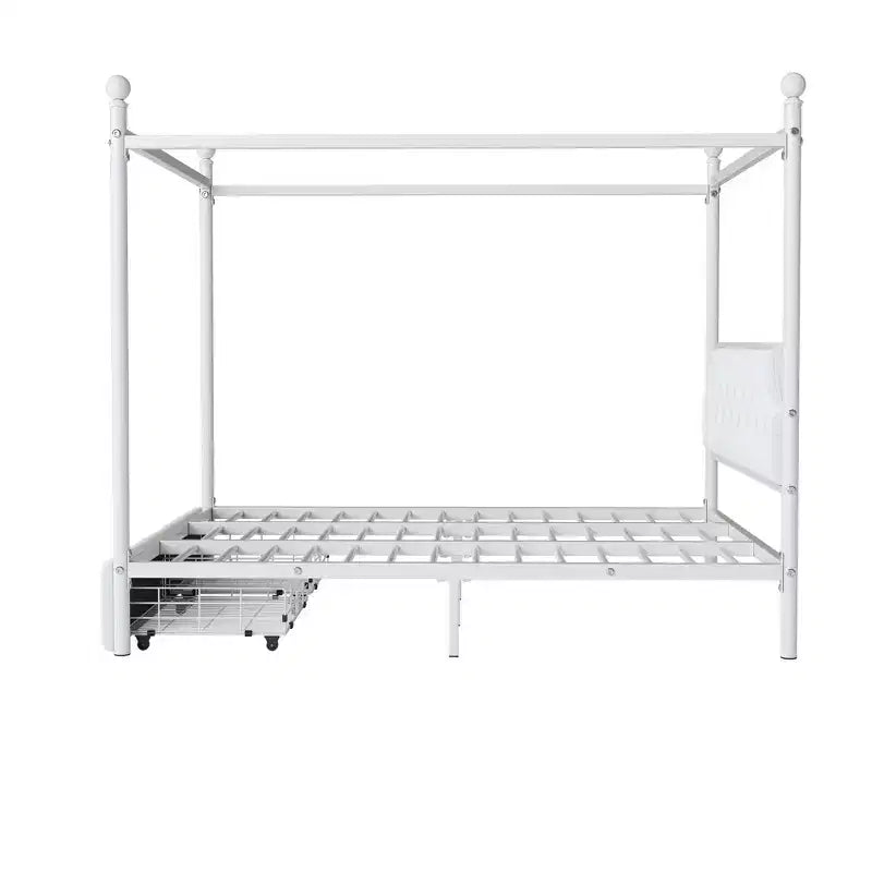Letto a baldacchino in metallo a 4 montanti, Queen Size, con testiera in velluto e 2 cassetti contenitore, Bianco