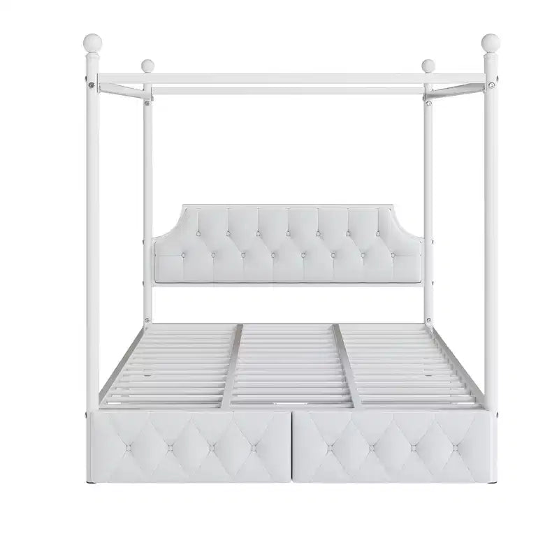 Letto a baldacchino in metallo a 4 montanti, Queen Size, con testiera in velluto e 2 cassetti contenitore, Bianco