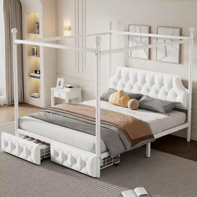 Letto a baldacchino in metallo a 4 montanti, Queen Size, con testiera in velluto e 2 cassetti contenitore, Bianco