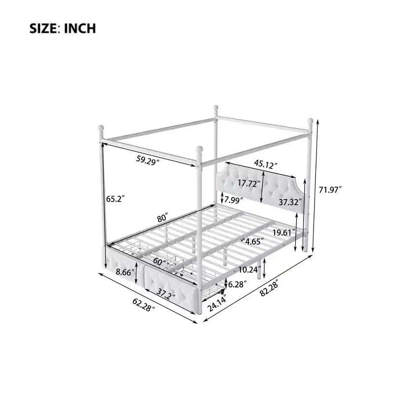Letto a baldacchino in metallo a 4 montanti, Queen Size, con testiera in velluto e 2 cassetti contenitore, Bianco