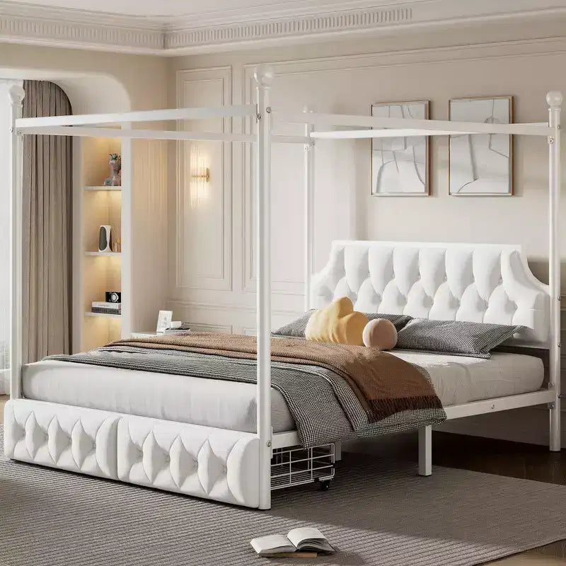 Letto a baldacchino in metallo a 4 montanti, Queen Size, con testiera in velluto e 2 cassetti contenitore, Bianco
