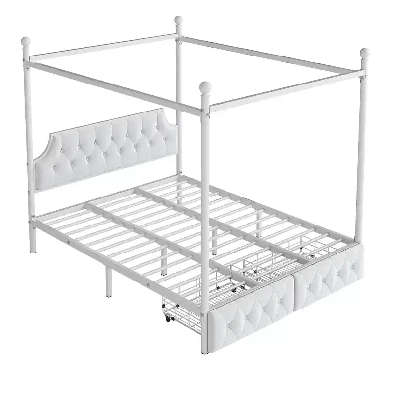 Letto a baldacchino in metallo a 4 montanti, Queen Size, con testiera in velluto e 2 cassetti contenitore, Bianco