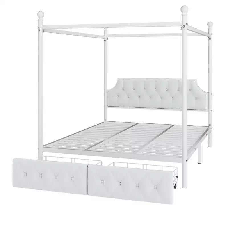 Letto a baldacchino in metallo a 4 montanti, Queen Size, con testiera in velluto e 2 cassetti contenitore, Bianco
