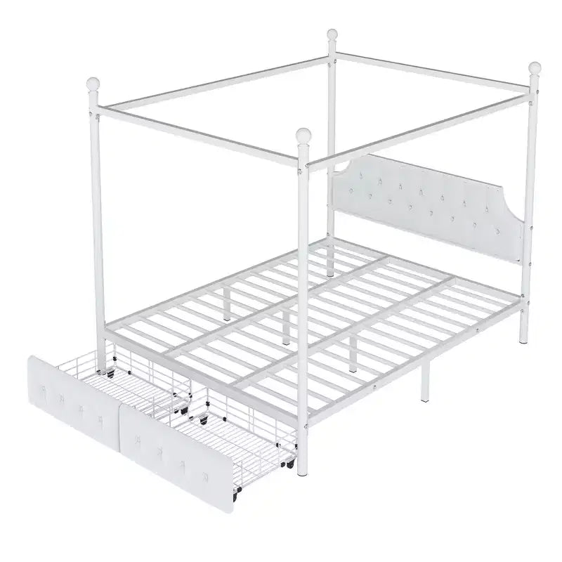 Letto a baldacchino in metallo a 4 montanti, Queen Size, con testiera in velluto e 2 cassetti contenitore, Bianco