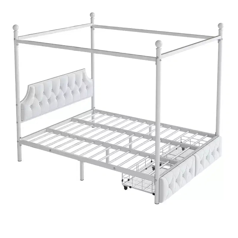 Letto a baldacchino in metallo a 4 montanti, Queen Size, con testiera in velluto e 2 cassetti contenitore, Bianco