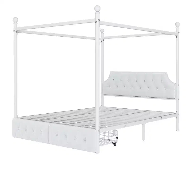 Letto a baldacchino in metallo a 4 montanti, Queen Size, con testiera in velluto e 2 cassetti contenitore, Bianco