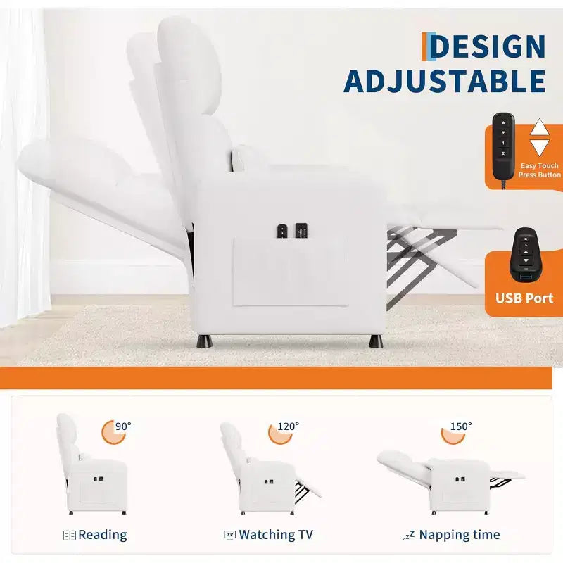 Poltrona reclinabile elettrica con massaggio, riscaldamento, ricarica USB e tasche portaoggetti, in similpelle
