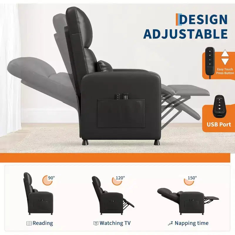 Poltrona reclinabile elettrica con massaggio, riscaldamento, ricarica USB e tasche portaoggetti, in similpelle