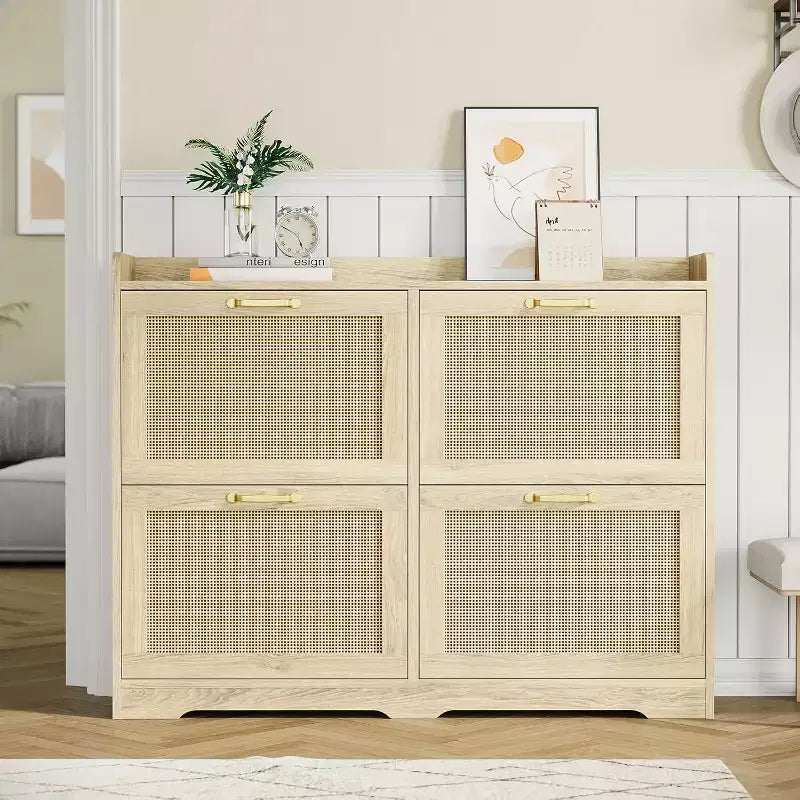 Scarpiera a 4 cassetti in rattan naturale con cassetti sollevabili e ripiani regolabili