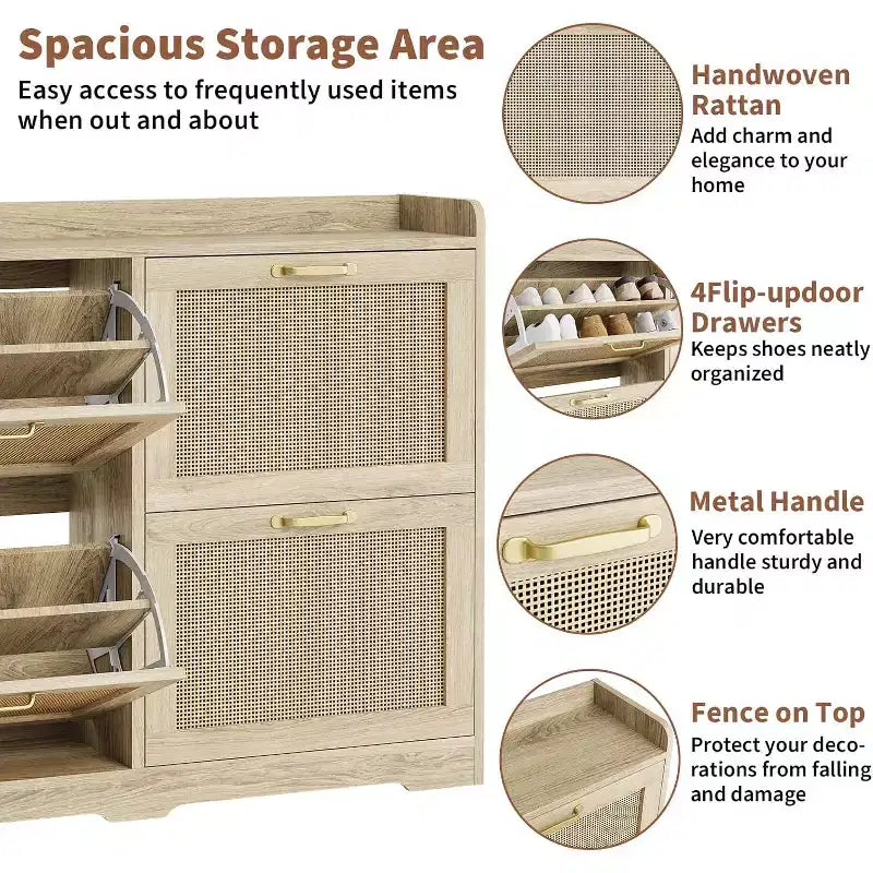 Scarpiera a 4 cassetti in rattan naturale con cassetti sollevabili e ripiani regolabili