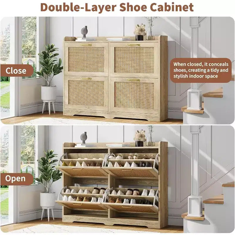 Scarpiera a 4 cassetti in rattan naturale con cassetti sollevabili e ripiani regolabili
