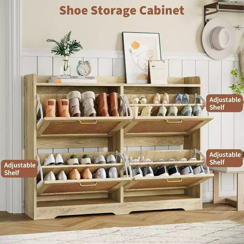 Scarpiera a 4 cassetti in rattan naturale con cassetti sollevabili e ripiani regolabili