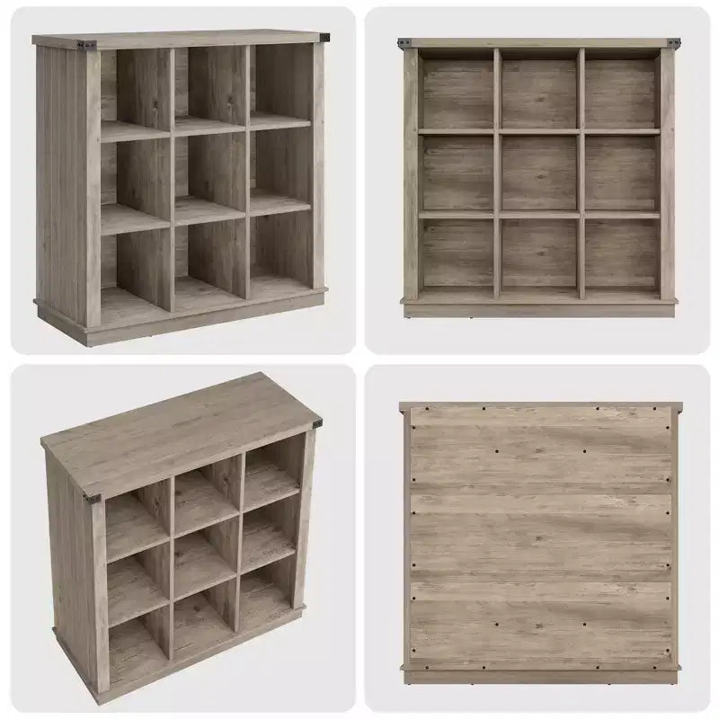 Libreria organizer a 9 cubi, libreria orizzontale a 4 ripiani stile rustico, libreria in legno da 95 cm per ingresso, librerie lunghe e basse