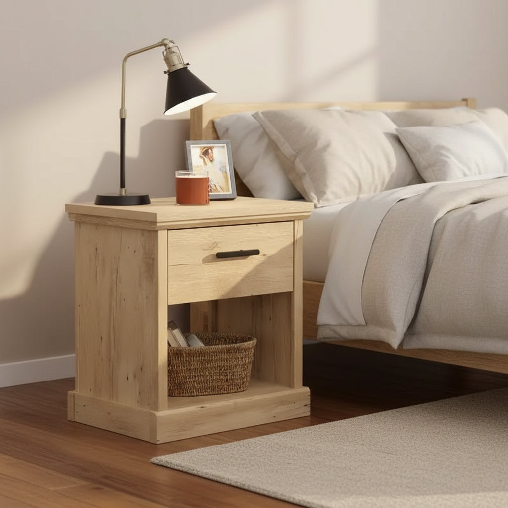 GDFStudio Nolan Modern Wood Nightstand with Drawer and Open Shelf