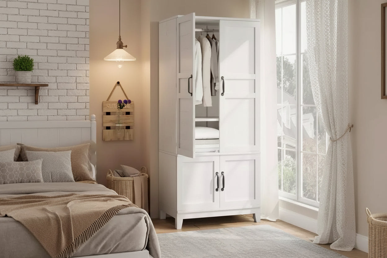 Armoire Wardrobe Closet with 4 Doors,72 in Wooden Wardrobe Cabinet with Hanging Rod, Freestanding Tall Clothing Armoire Storage Cabinet