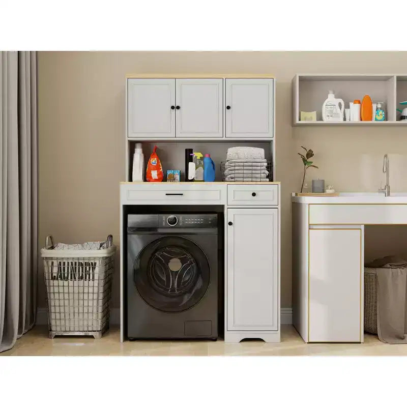 Armadio per biancheria bianco antico con cesto e ripiani regolabili, 105 cm L x 182 cm H