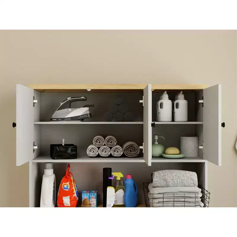 Armadio per biancheria bianco antico con cesto e ripiani regolabili, 105 cm L x 182 cm H