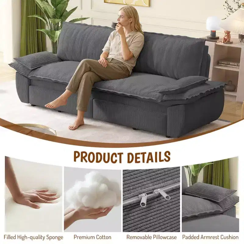 Divano Letto Convertibile 3-in-1 Queen Size con Struttura Estraibile e Tessuto in Velluto a Coste