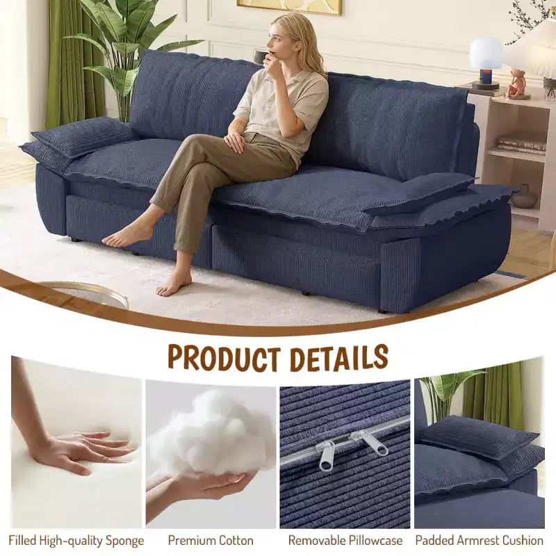 Divano Letto Convertibile 3-in-1 Queen Size con Struttura Estraibile e Tessuto in Velluto a Coste