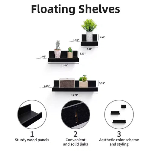 Mensola galleggiante nera da 40 cm, con supporti a scomparsa, in legno, per parete, perfetta per l'arredamento di bagno/camera da letto/cucina o per esporre libri/piante, facile da installare.