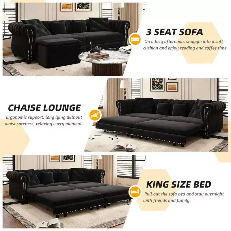 Divano a 3 Posti in Velluto con Pouf Mobile, Divano Letto Estraibile 3 in 1, Divano Letto Matrimoniale King Size Nero