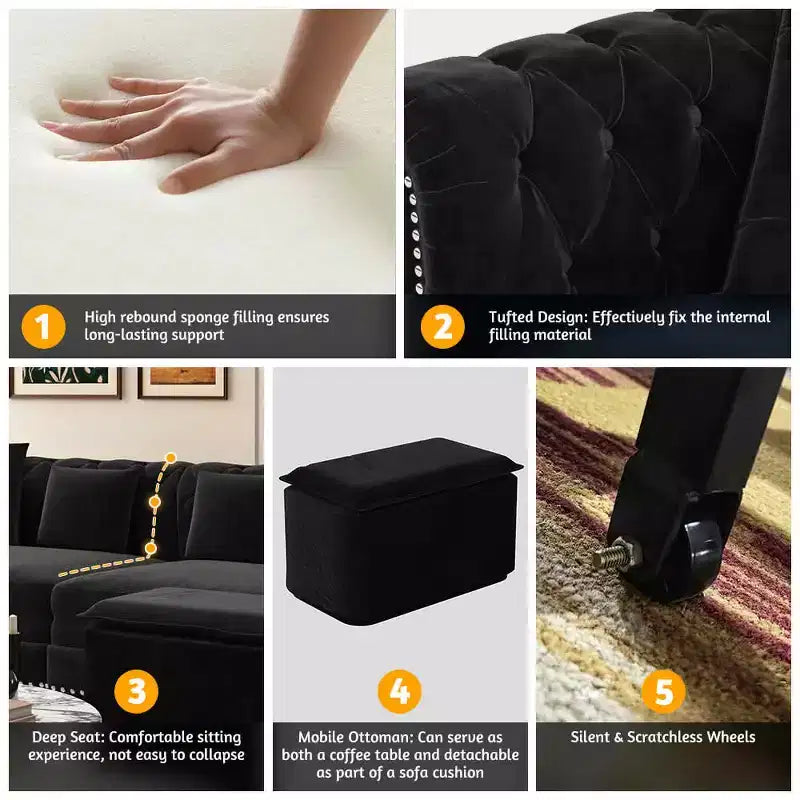 Divano a 3 Posti in Velluto con Pouf Mobile, Divano Letto Estraibile 3 in 1, Divano Letto Matrimoniale King Size Nero