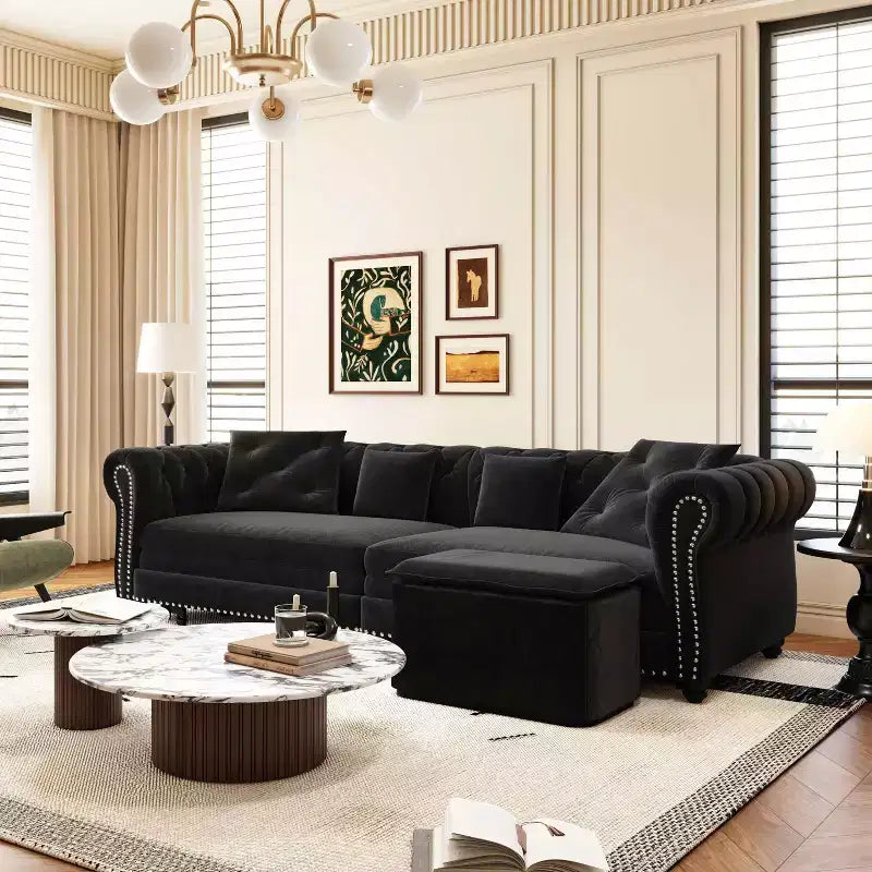 Divano a 3 Posti in Velluto con Pouf Mobile, Divano Letto Estraibile 3 in 1, Divano Letto Matrimoniale King Size Nero