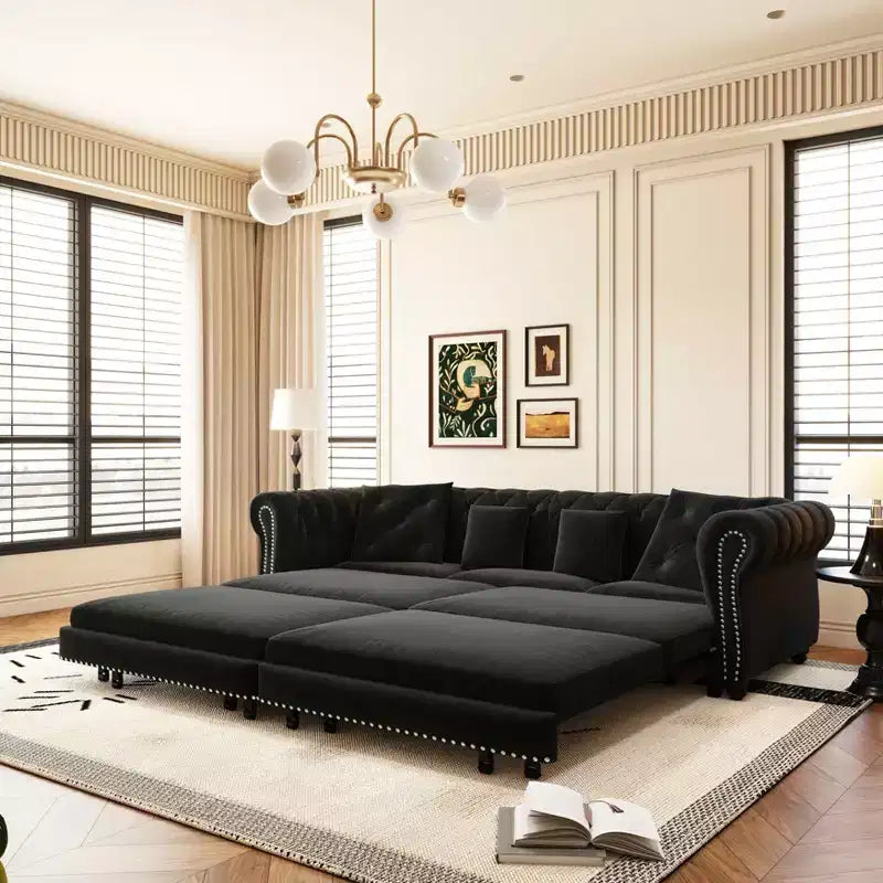Divano a 3 Posti in Velluto con Pouf Mobile, Divano Letto Estraibile 3 in 1, Divano Letto Matrimoniale King Size Nero