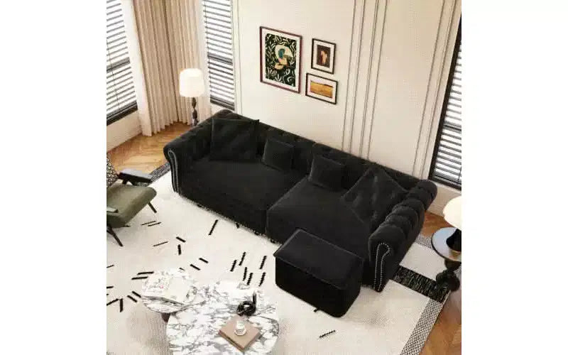 Divano a 3 Posti in Velluto con Pouf Mobile, Divano Letto Estraibile 3 in 1, Divano Letto Matrimoniale King Size Nero