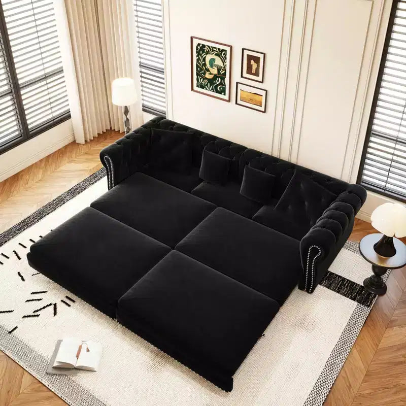 Divano a 3 Posti in Velluto con Pouf Mobile, Divano Letto Estraibile 3 in 1, Divano Letto Matrimoniale King Size Nero