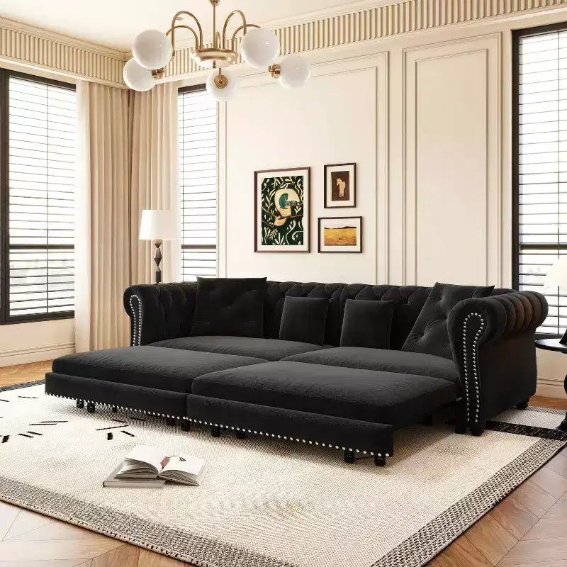 Divano a 3 Posti in Velluto con Pouf Mobile, Divano Letto Estraibile 3 in 1, Divano Letto Matrimoniale King Size Nero
