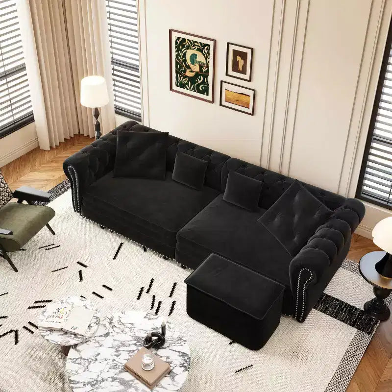 Divano a 3 Posti in Velluto con Pouf Mobile, Divano Letto Estraibile 3 in 1, Divano Letto Matrimoniale King Size Nero