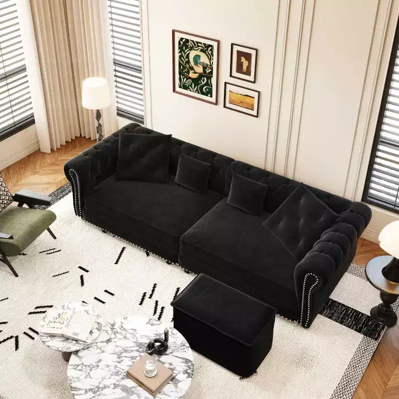 Divano a 3 Posti in Velluto con Pouf Mobile, Divano Letto Estraibile 3 in 1, Divano Letto Matrimoniale King Size Nero