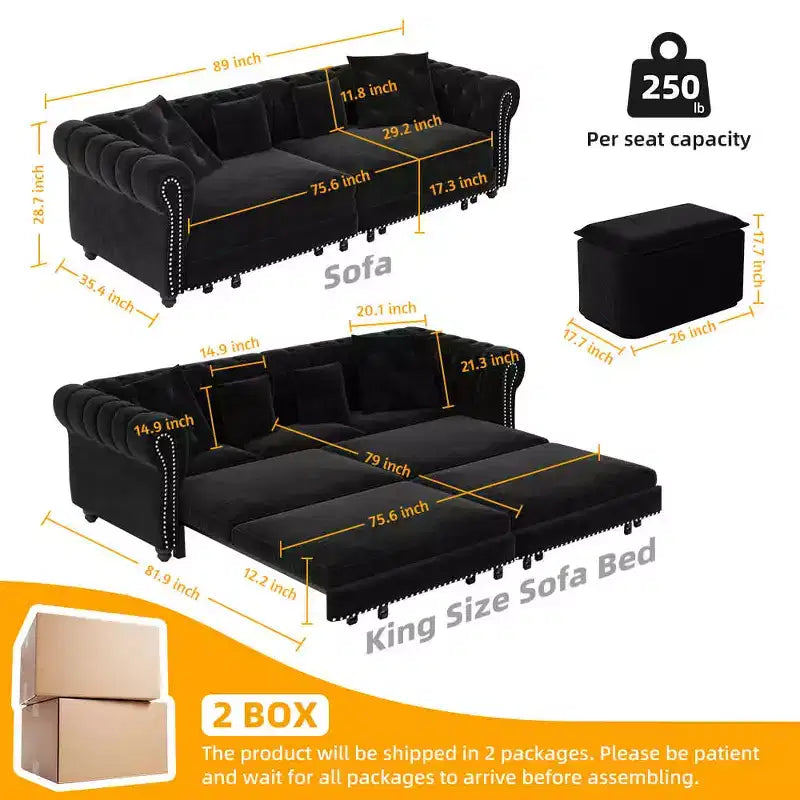 Divano a 3 Posti in Velluto con Pouf Mobile, Divano Letto Estraibile 3 in 1, Divano Letto Matrimoniale King Size Nero