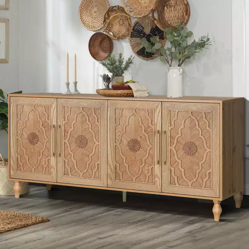 Grande mobile contenitore con maniglia in metallo, ante intagliate a fiori, madia consolle moderna in legno con ripiani regolabili