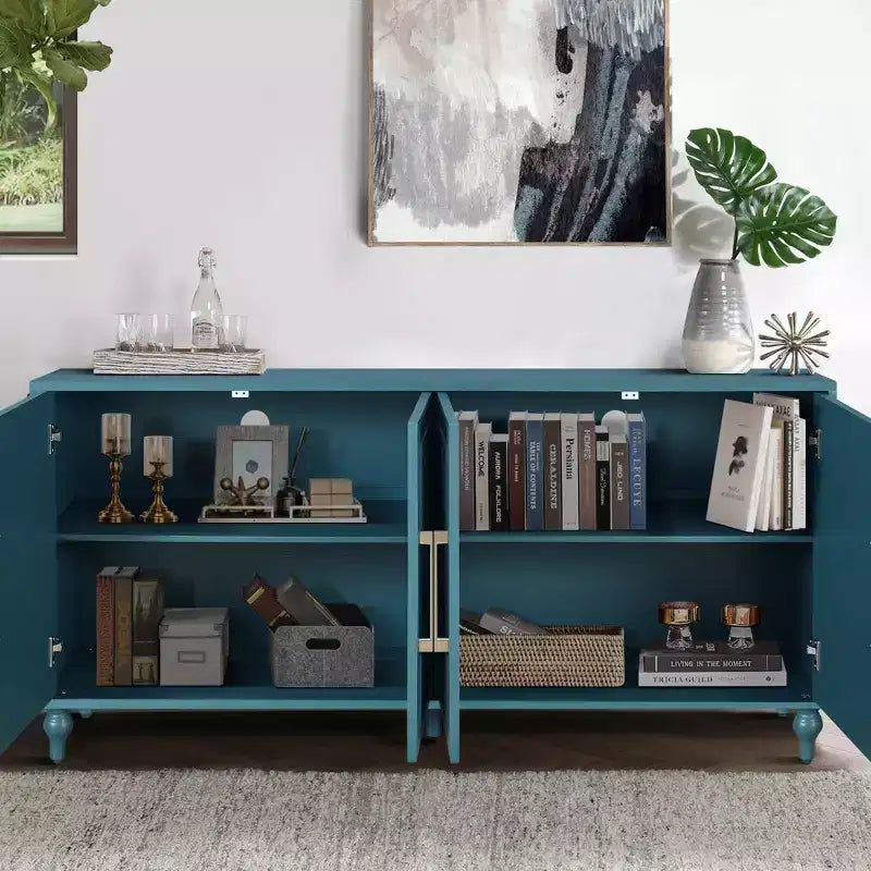 Grande mobile contenitore con maniglia in metallo, ante intagliate a fiori, madia consolle moderna in legno con ripiani regolabili