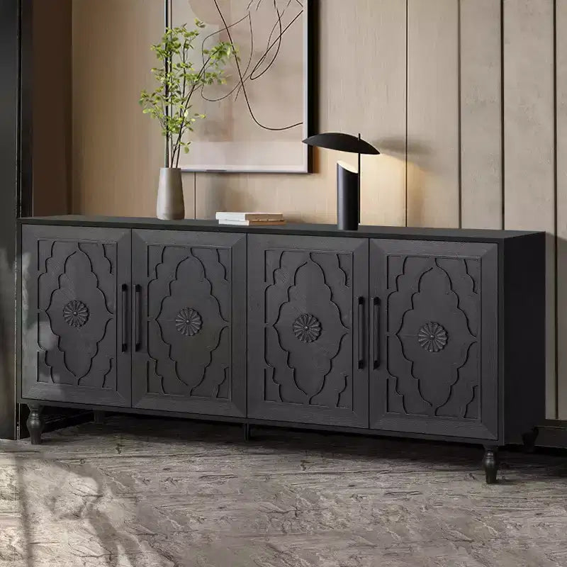 Grande mobile contenitore con maniglia in metallo, ante intagliate a fiori, madia consolle moderna in legno con ripiani regolabili