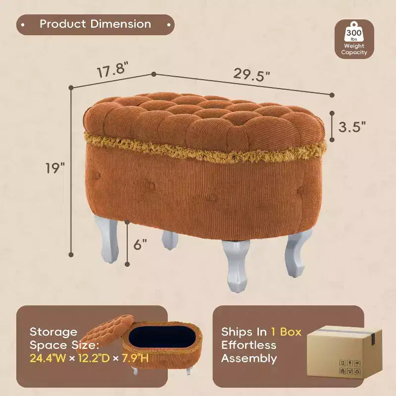 29.5 Panchina Pouf Contenitore per Piedi Letto Retro con Frange, Elegante Pouf Accento Capitonnè per Camera da Letto e Soggiorno, Capacità 136 kg