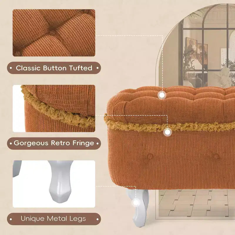29.5 Panchina Pouf Contenitore per Piedi Letto Retro con Frange, Elegante Pouf Accento Capitonnè per Camera da Letto e Soggiorno, Capacità 136 kg