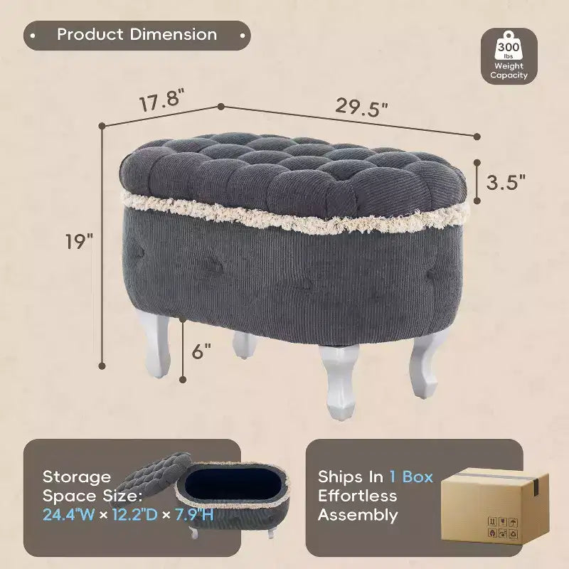 29.5 Panchina Pouf Contenitore per Piedi Letto Retro con Frange, Elegante Pouf Accento Capitonnè per Camera da Letto e Soggiorno, Capacità 136 kg