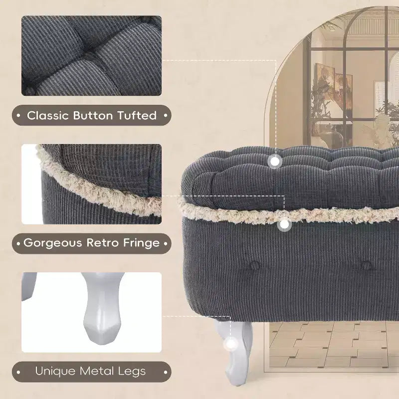 29.5 Panchina Pouf Contenitore per Piedi Letto Retro con Frange, Elegante Pouf Accento Capitonnè per Camera da Letto e Soggiorno, Capacità 136 kg