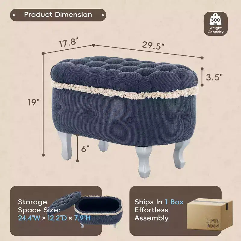 29.5 Panchina Pouf Contenitore per Piedi Letto Retro con Frange, Elegante Pouf Accento Capitonnè per Camera da Letto e Soggiorno, Capacità 136 kg