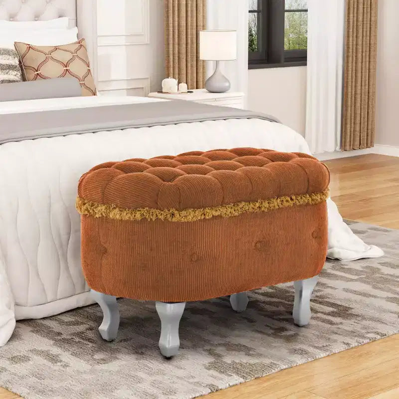 29.5 Panchina Pouf Contenitore per Piedi Letto Retro con Frange, Elegante Pouf Accento Capitonnè per Camera da Letto e Soggiorno, Capacità 136 kg